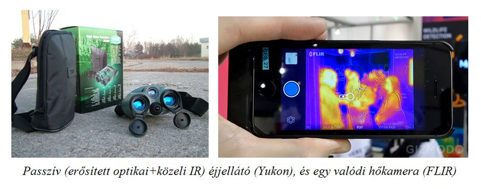 Passzív (erősített optikai+közeli IR) éjjellátó (Yukon), és egy valódi hőkamera (FLIR)