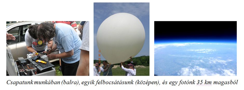 Csapatunk munkában (balra), egyik felbocsátásunk (középen), és egy fotónk 35 km magasból