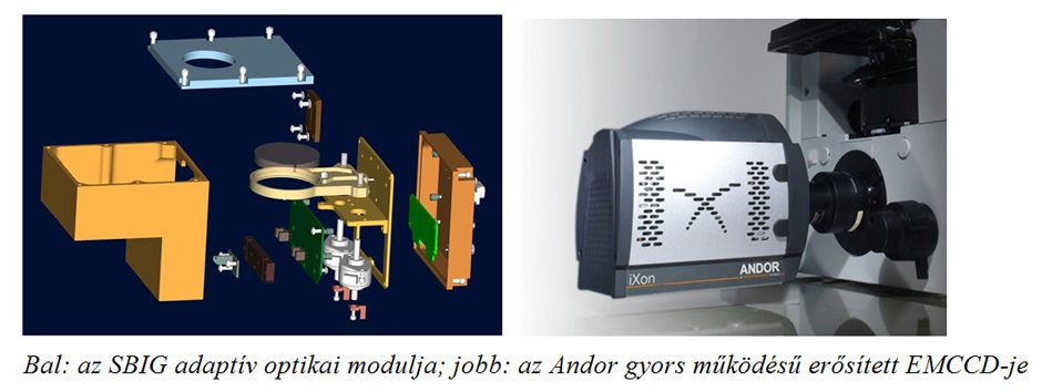 Bal: az SBIG adaptív optikai modulja; jobb: az Andor gyors működésű erősített EMCCD-je